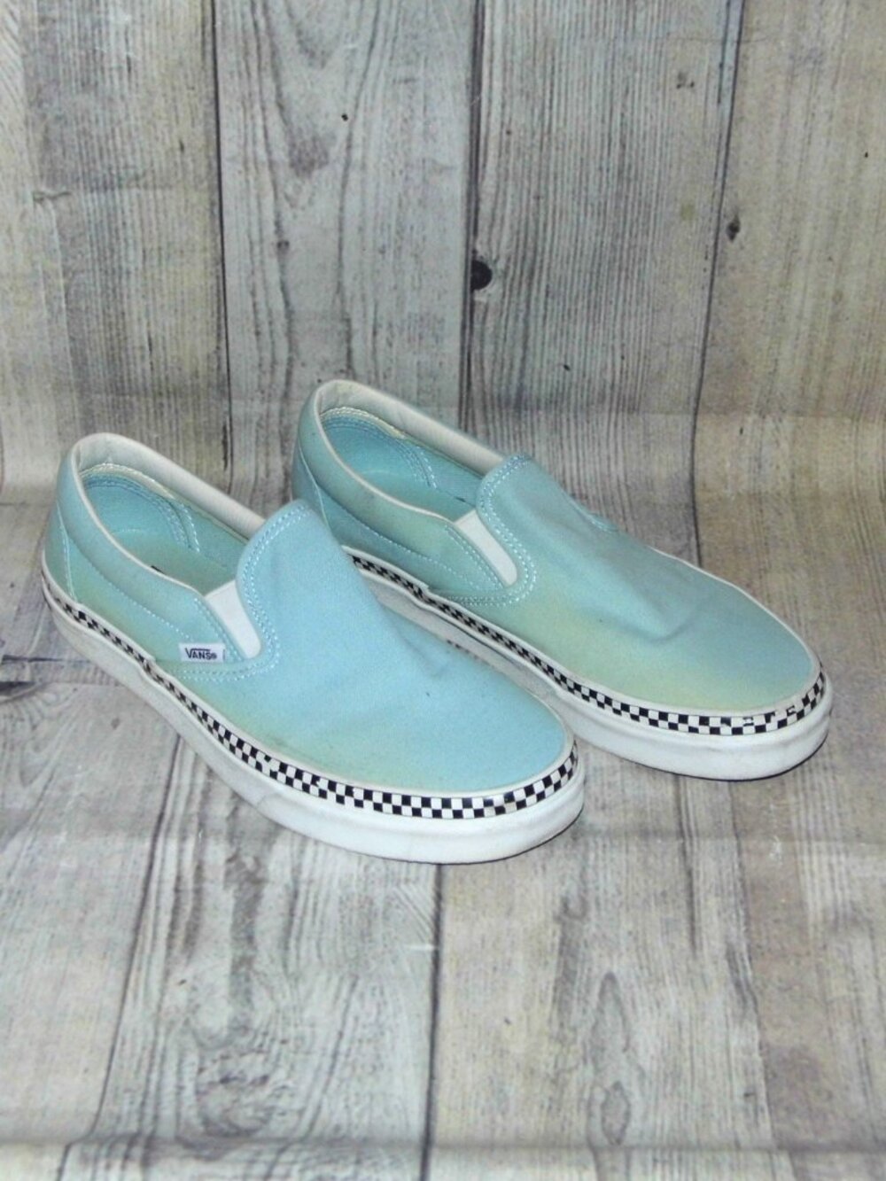 VANS Classic Slip On Light Blue/Check Sides Sneakers Womens Size 9